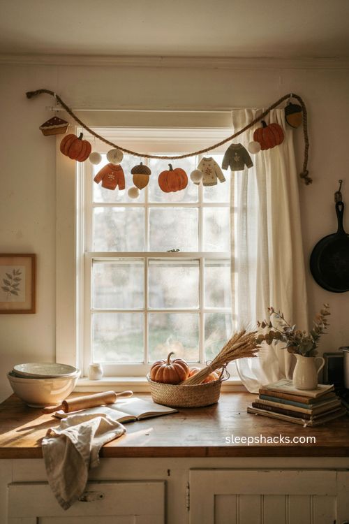 Wooden pumpkin and pie slice garland with white felt balls on a cozy Thanksgiving kitchen window

