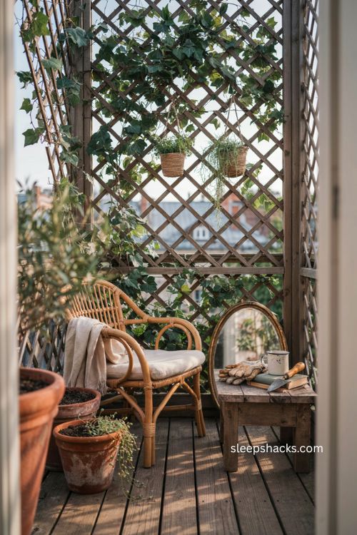 Wooden trellis balcony privacy with trailing vines and hanging planters 