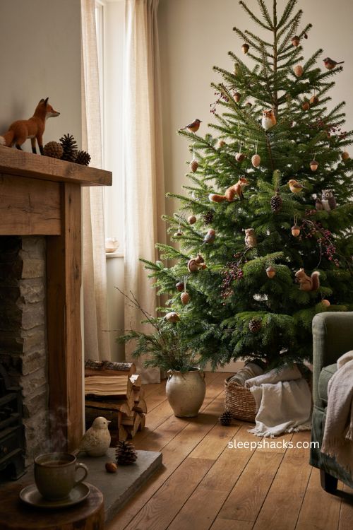 Woodland Christmas tree with fox birds squirrels pinecones acorns and berries