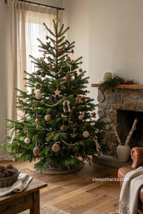 Woodland Christmas tree with green and brown ornaments and rustic natural decor 