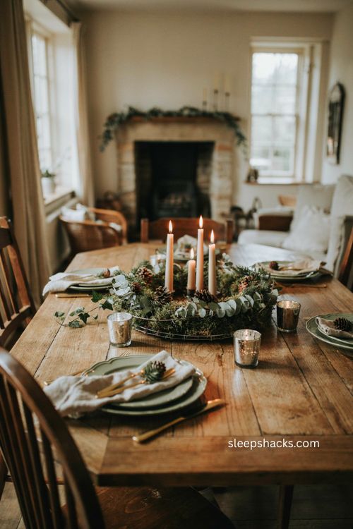 Woodland Christmas wreath centerpiece with moss pine eucalyptus and candles 
