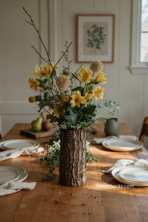 Woodland Thanksgiving centerpiece with yellow alstroemeria scabiosa pods kale and pale greenery 