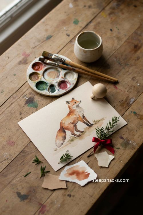 Woodland watercolor fox Christmas card with rustic greenery red bow and artistic handmade holiday design 