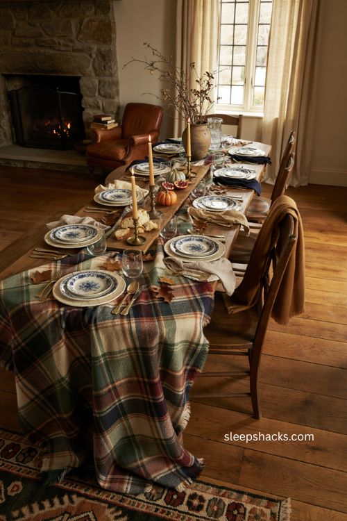 Wool plaid blanket Thanksgiving tablecloth with cozy country house decor and Ralph Lauren style 