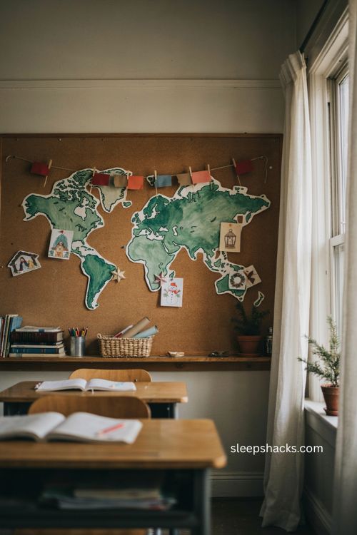 World map holiday display Christmas bulletin board ideas for an educational classroom 