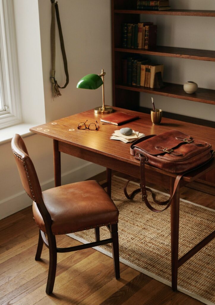 Worn cognac leather messenger bag beside a walnut desk in a mens home office 