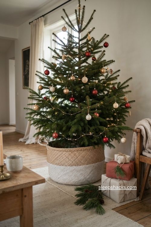 Woven basket Christmas tree stand with warm natural texture and cozy holiday decor 