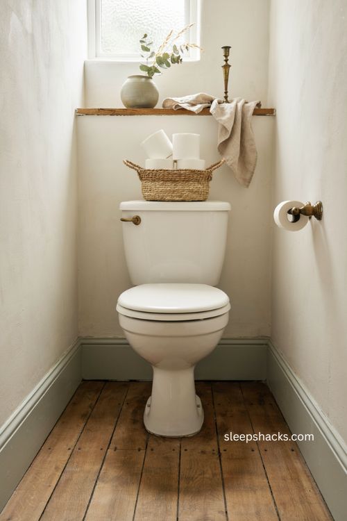 Woven basket on toilet for simple toilet paper storage in a cozy water closet