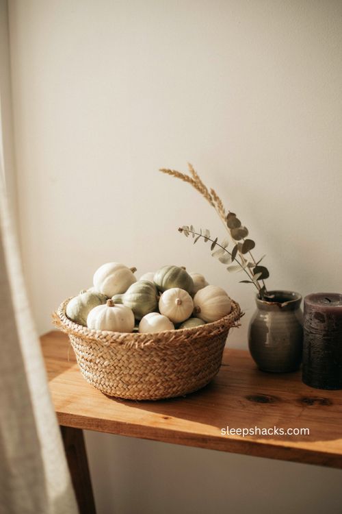 Woven basket with mini white gourds for minimalist Halloween centerpiece