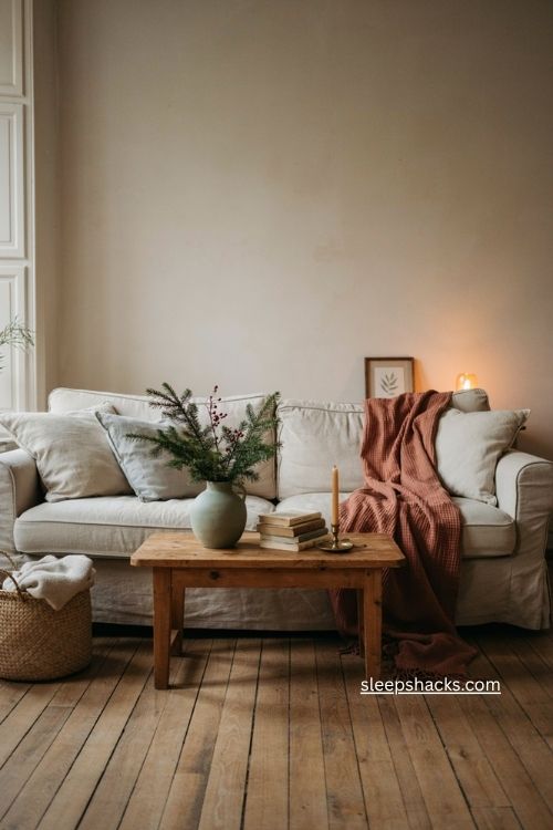 Woven cotton Christmas throw with fringe on neutral sofa 