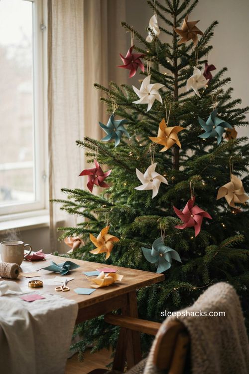 Woven paper pinwheel ornaments with two tone scrapbook paper and playful retro christmas tree decorations 