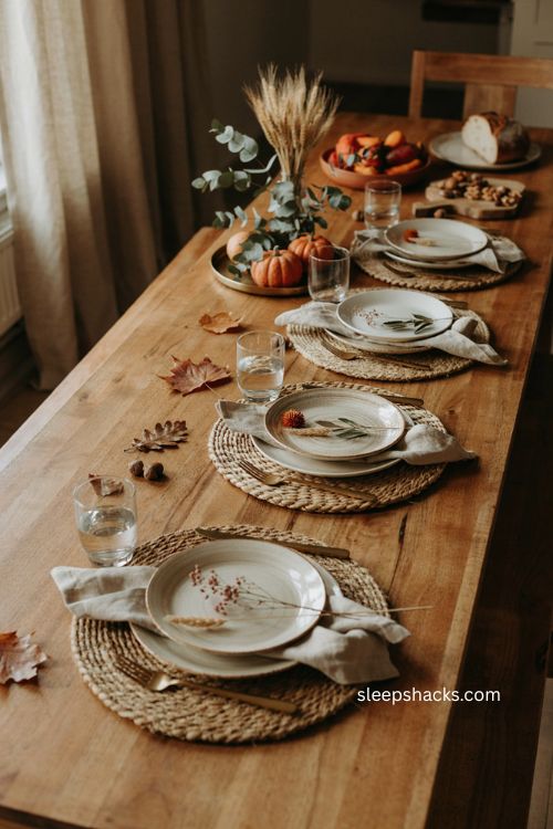 Woven placemat Thanksgiving place setting with floral napkin 