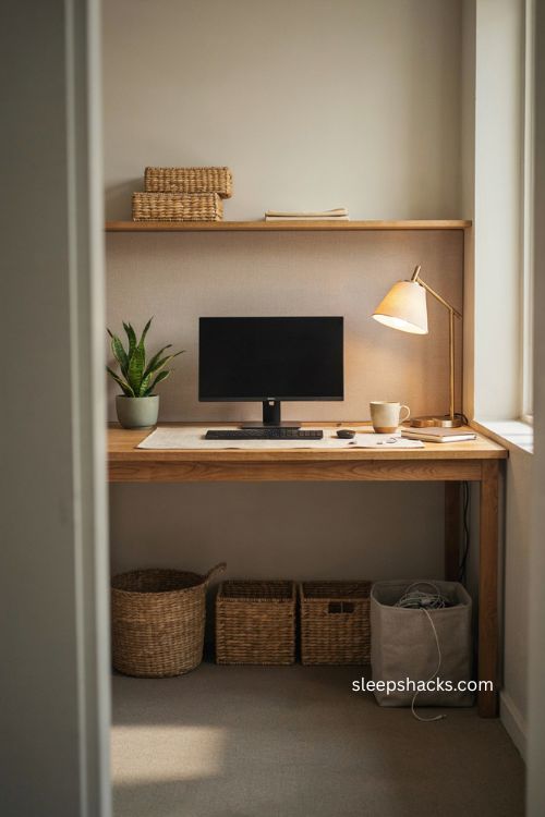 Woven storage baskets for a cozy organized cubicle workspace
