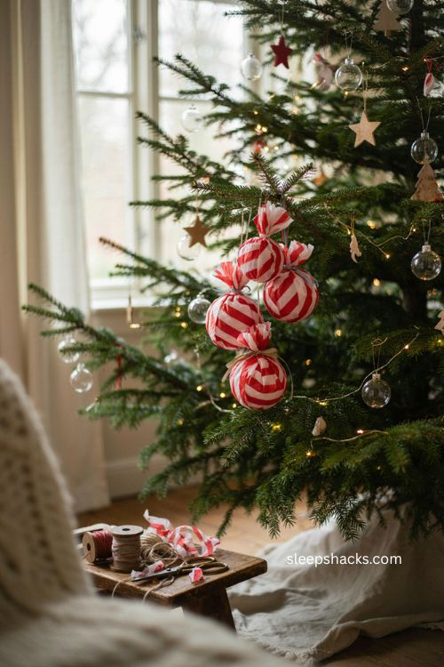 Wrapped peppermint candy ornaments diy red and white Christmas tree decor 