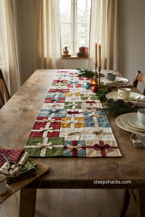 Wrapped present Christmas table runner pattern with scrappy quilted farmhouse decor