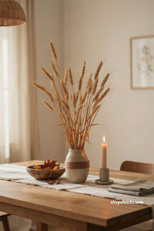 Wrapped wheat stems with colorful thread for subtle Thanksgiving home decor 