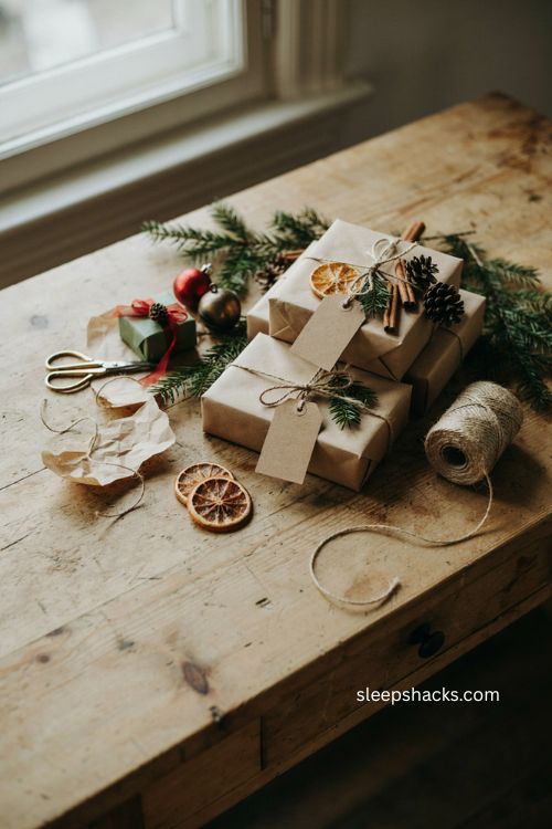 Wrapping Christmas presents ideas with kraft paper twine and greenery 