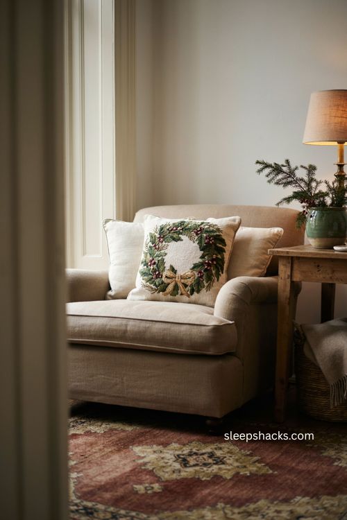 Wreath crewel embroidery pillow classic Christmas living room decor
