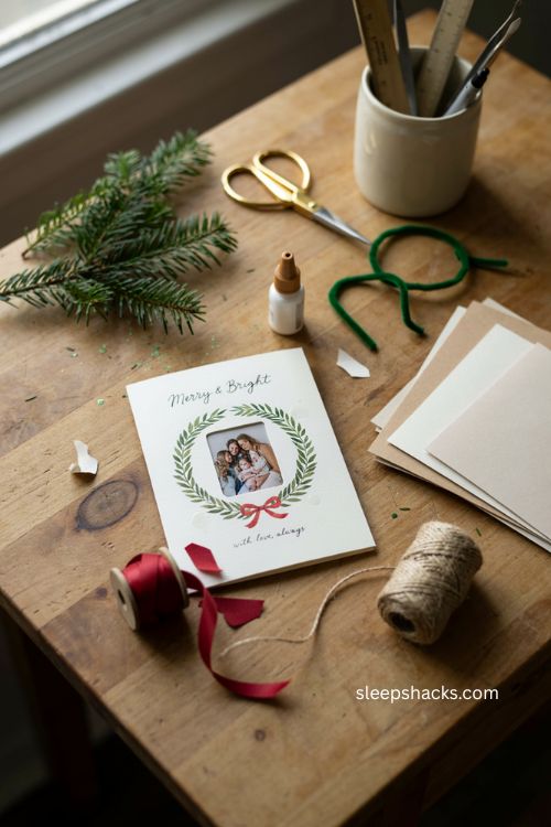 Wreath photo frame Christmas card with green greenery and red ribbon bow 