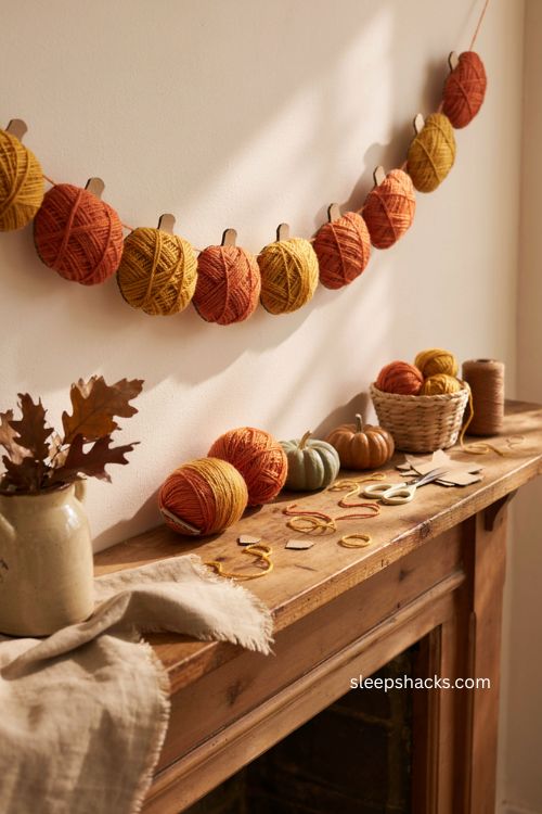 Yarn wrapped pumpkin craft garland for preschoolers Thanksgiving