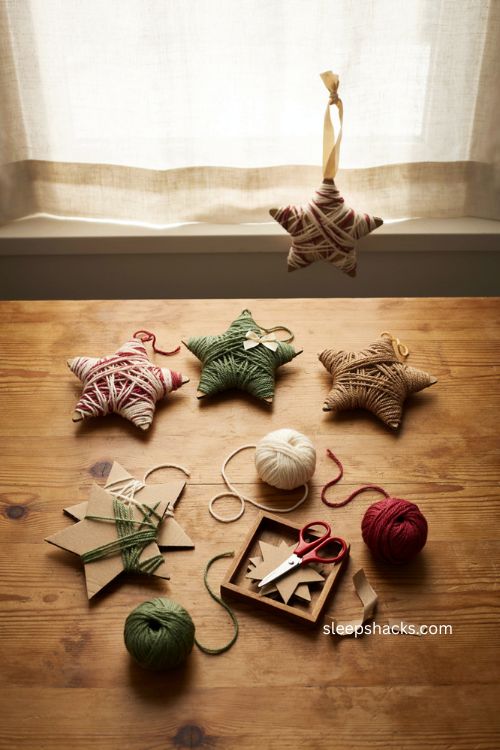 Yarn wrapped star ornament Christmas craft for toddlers with colorful handmade texture 