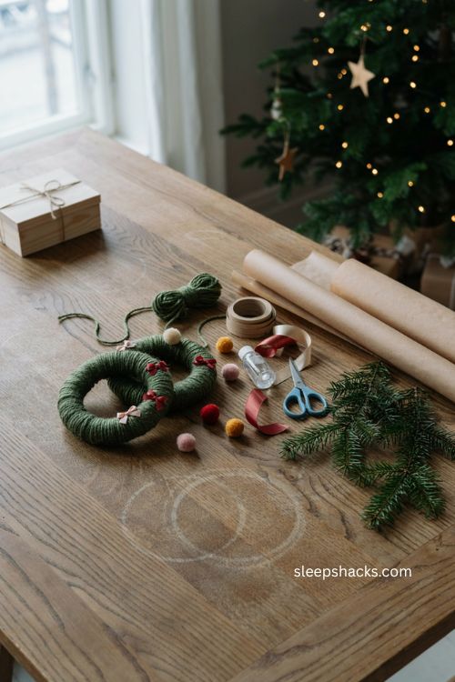 Yarn wrapped wreath christmas ornaments for toddlers with green yarn cardboard rings tiny bows and pom poms 