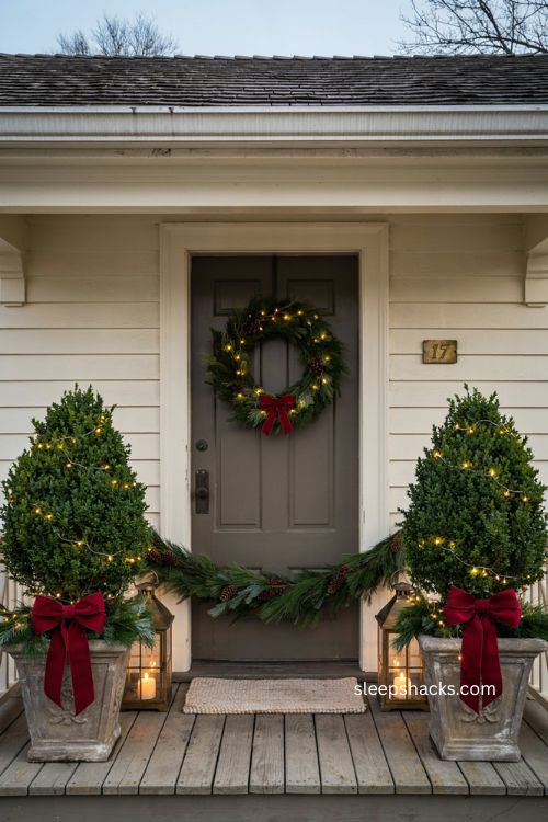 Year round boxwood topiaries with red bows berries and simple Christmas porch accents 