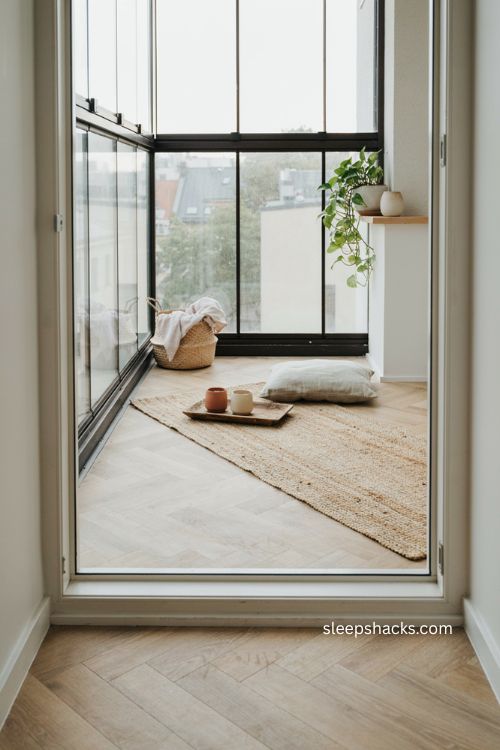 Yoga and meditation corner with woven mat floor cushion and natural light in closed balcony