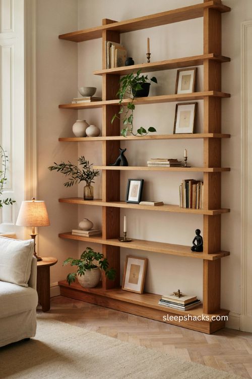 Zigzag styled shelves with layered decor in a small living room 