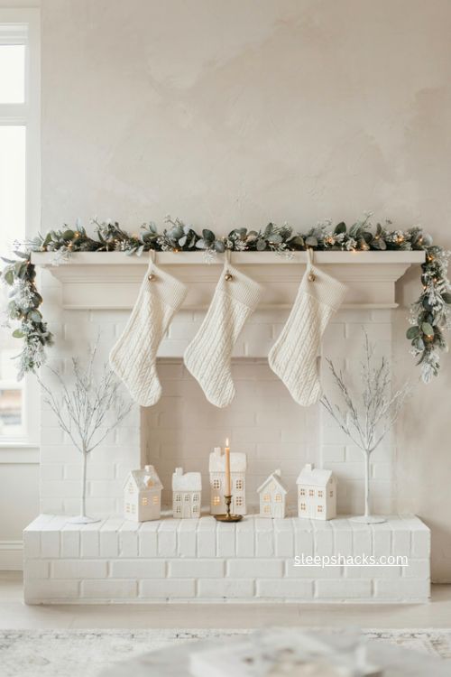 all white christmas mantel with white stockings garland ceramic village and gold accents 