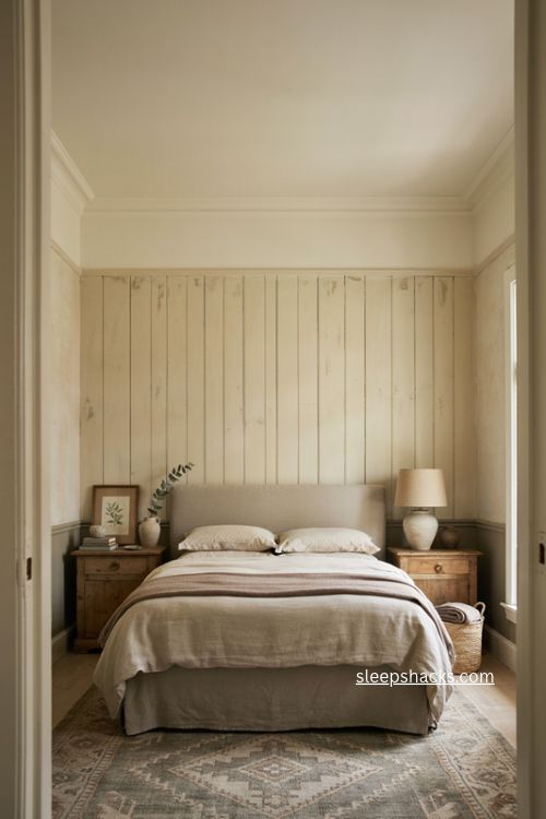 architectural bedroom details with wall paneling and crown molding ideas