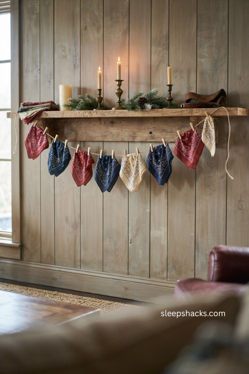 bandana Christmas garland with rustic country farmhouse mantel decor 