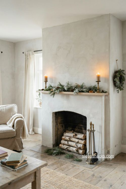 birch logs and frosty pine christmas mantel with vintage cottage decor 