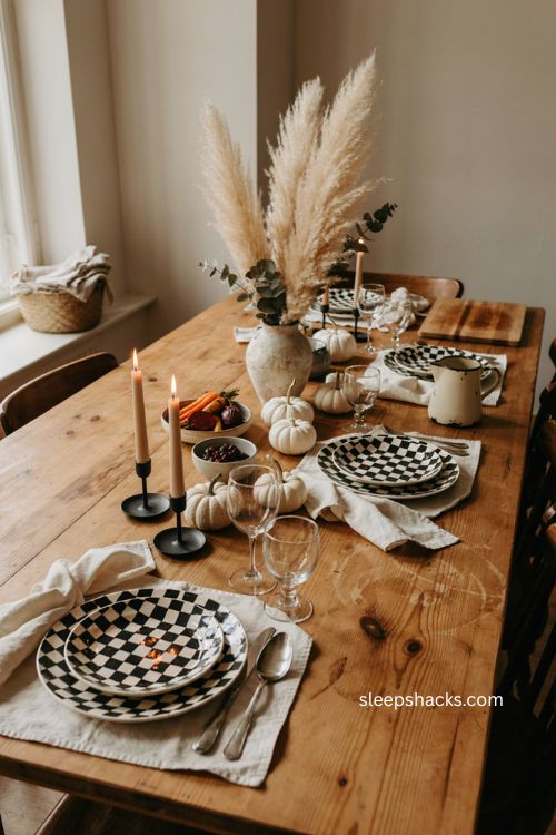 black and white checkered plates with plain linen thanksgiving table decor