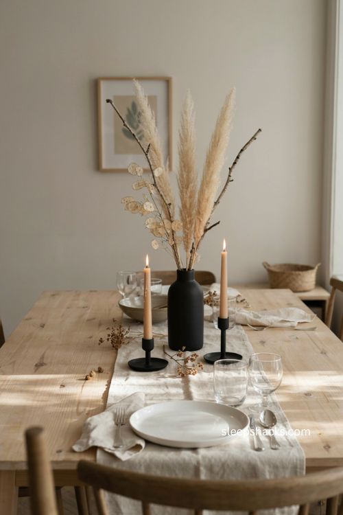 black and white dried grass centerpiece for a minimalist thanksgiving table