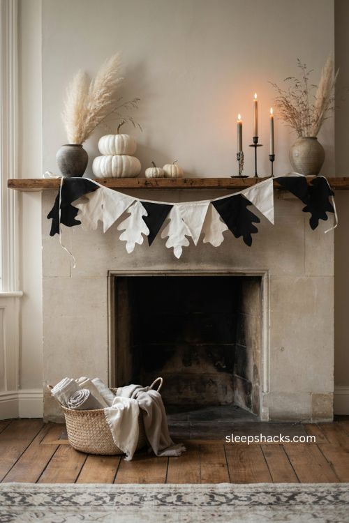 black and white fall bunting with white pumpkins on a cozy thanksgiving mantel