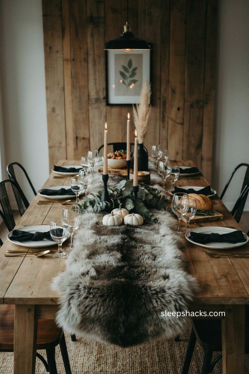 black and white faux fur table runner with white pumpkins for thanksgiving