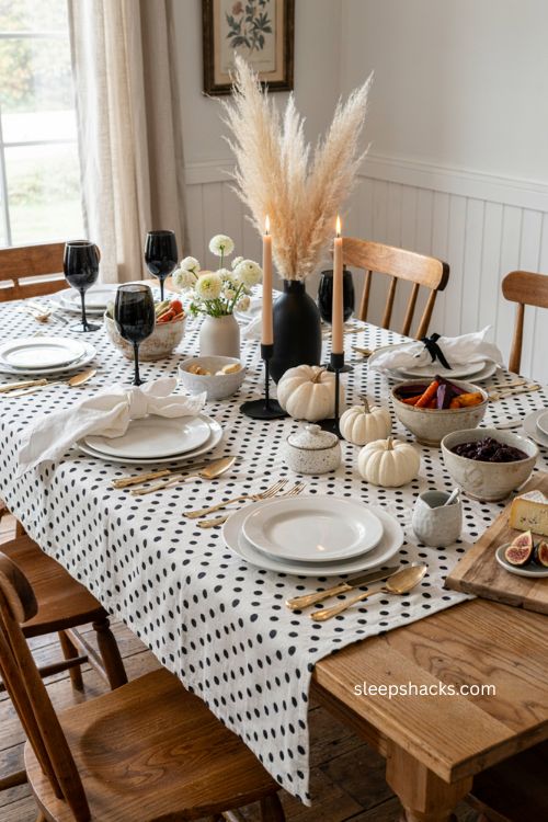 black and white polka dot tablecloth with white flowers for thanksgiving