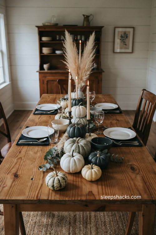 black and white pumpkin centerpiece for a cozy thanksgiving table