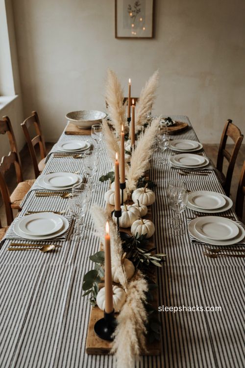 black and white striped linens with gold flatware for thanksgiving table decor