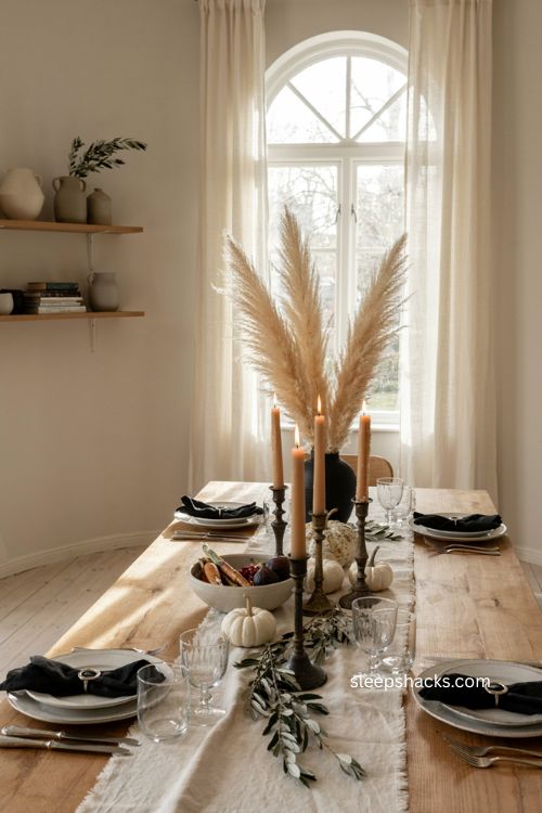 black and white thanksgiving table decor with vintage textures and greenery
