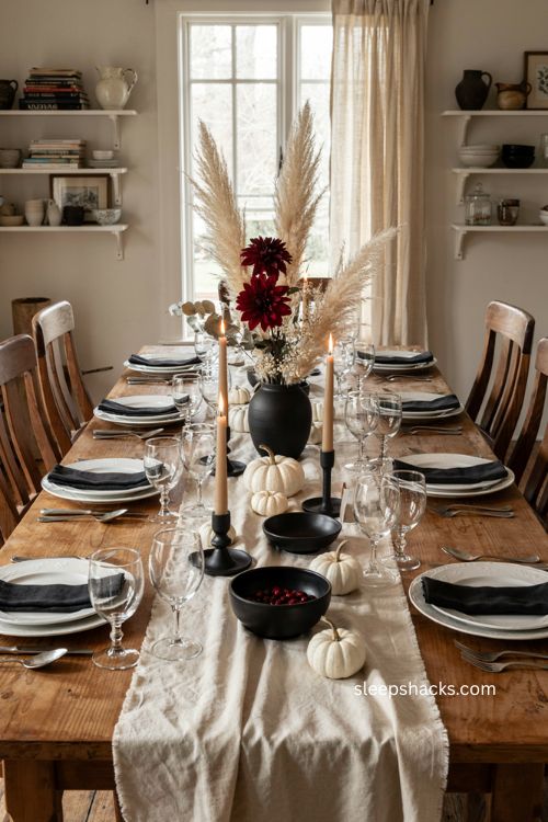 black and white thanksgiving table with deep red floral centerpiece