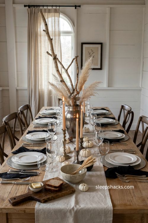 black and white thanksgiving table with silver pewter accents and dried branches