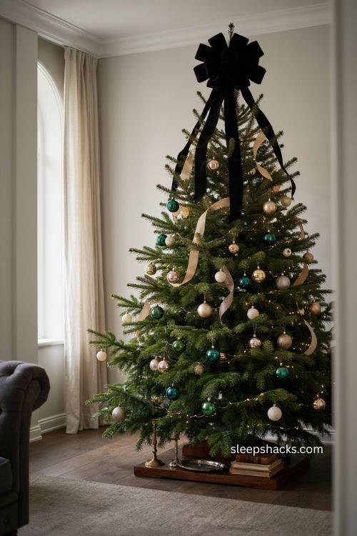 Three-quarter eye-level interior photography shot of a tall, full deep-green Christmas tree crowned with an oversized sculptural black velvet ribbon bow, featuring generous layered loops with a soft matte surface and long black streamers accented by restrained champagne-gold ribbon details flowing through the upper branches, creating a dramatic graphic focal point that feels deliberate and sophisticated; modern classic Christmas style with refined contemporary and slightly moody editorial character, deliberately edited and cohesive rather than traditionally festive or overly decorated; deep evergreen, crisp black, warm white, soft champagne gold, charcoal, and subtle deep emerald tones forming a controlled monochromatic jewel-toned palette; large plush black velvet bow, black satin and matte ribbon accents woven naturally through the branches, champagne and antique-gold ornaments, deep emerald glass baubles, ivory ornaments, warm white lights, subtle silver details, natural evergreen texture, dark wood furniture, aged metallic accessories, and a small selection of tactile vintage pieces that add depth without breaking the carefully edited color story; soft natural daylight entering through tall windows combined with a restrained warm glow from the Christmas lights, gentle reflections on champagne ornaments and subtle highlights across the black velvet, balanced exposure preserving detail in the dark ribbon, evergreen branches, ornaments, and surrounding room; crisp contrasting colors create an instantly dramatic mood, velvet and aged textures add warmth and depth to the modern palette, simple restrained details create lasting charm, the oversized black bow feels unexpected yet completely intentional, anchoring the tree with graphic elegance while the coordinated black, white, emerald, and champagne decorations create a sophisticated, moody, luxurious atmosphere that feels curated rather than conventional; no people, no text, no watermarks, no blur, no bokeh, all surfaces in sharp focus, photorealistic, 4K resolution, editorial interior photography, Pinterest-worthy 