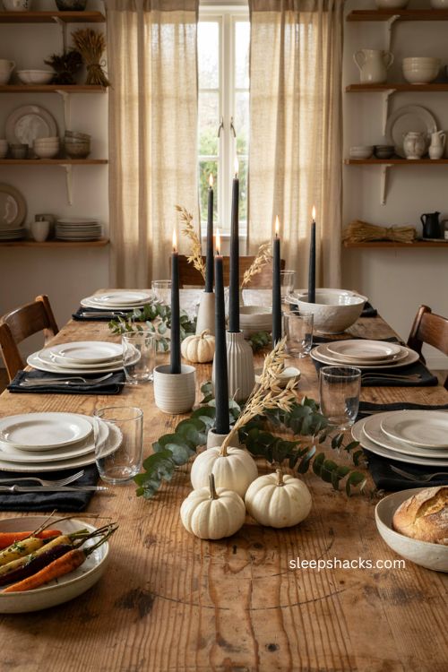 black taper candles in white ceramic holders for thanksgiving table decor
