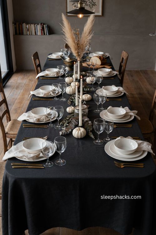 black thanksgiving table with white porcelain gold cutlery and warm pendant lighting