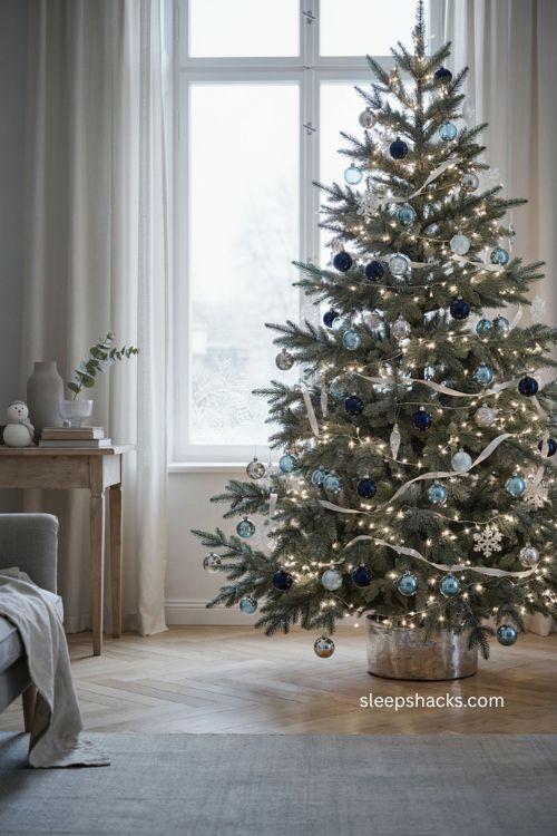 blue and silver Christmas tree with navy ornaments and crisp white lights 