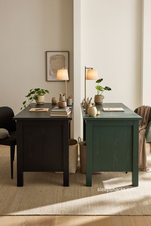 bold color double desk home office with black and forest green workstations