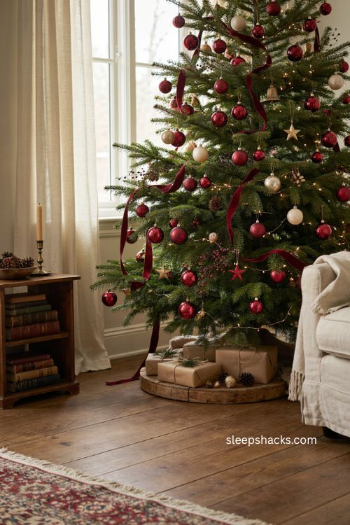 bold red and white Christmas tree with vintage ornaments 