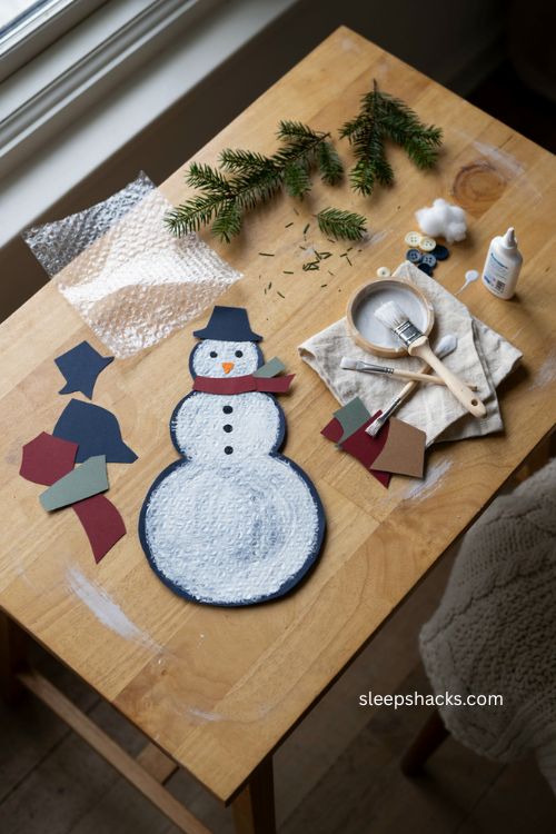 bubble wrap snowman christmas craft for toddlers with textured white paint and colorful scarf 